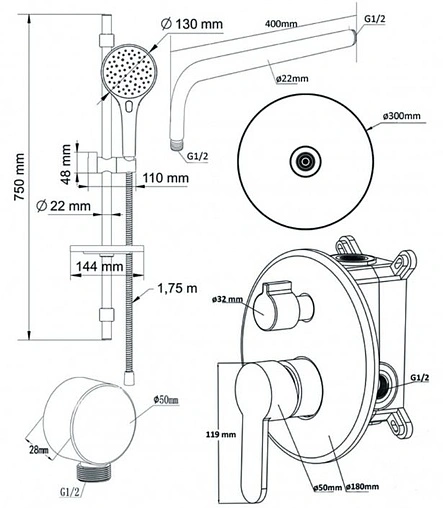 Душевая система со смесителем для душа Swedbe Platta хром 5536