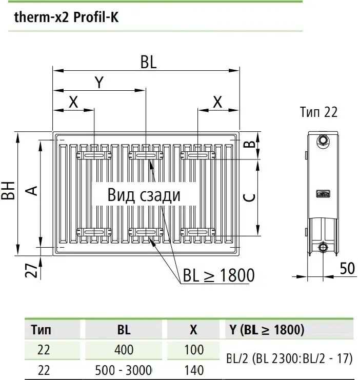 Радиатор стальной панельный Kermi Profil-K Therm-x2 тип 22 500 x 1100 мм FK0220501101N2Y