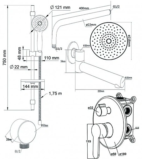 Душевая система со смесителем для ванны Swedbe Platta хром 5541