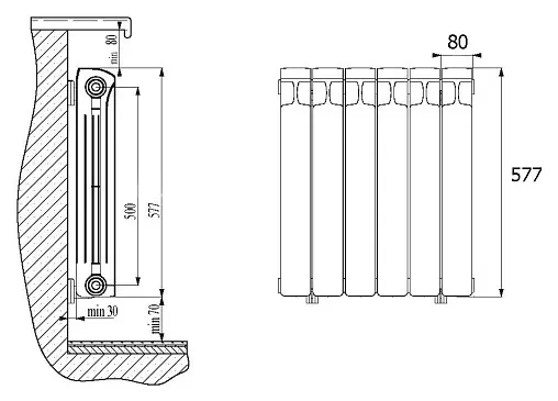 Радиатор биметаллический 6 секций нижнее правое подключение Rifar Monolit Ventil 500 белый RMVR50006