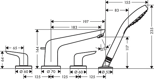 Смеситель на борт ванны на 4 отверстия Hansgrohe Novus хром 71333000
