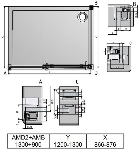 Душевое ограждение 1300x900мм прозрачное стекло Roltechnik Ambient Line AMD2+AMB/1300*900 620-1300000-00-02+621-9000000-00-02