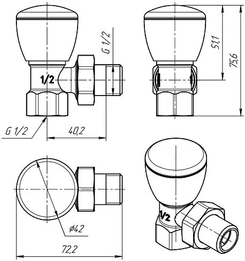 Вентиль регулирующий угловой ½&quot; в/н Valtec VT.007.N.04