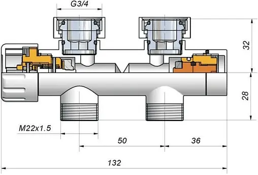 Узел нижнего подключения радиатора терморегулирующий прямой М22x1.5 x ¾"ек (½"н) Schlosser Duo-Plex черный Ral 9005 602100103