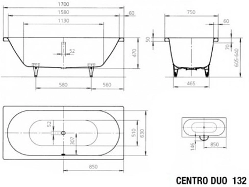 Ванна стальная Kaldewei Centro Duo 170x75 mod. 132 anti-slip+easy-clean белый 283230003001