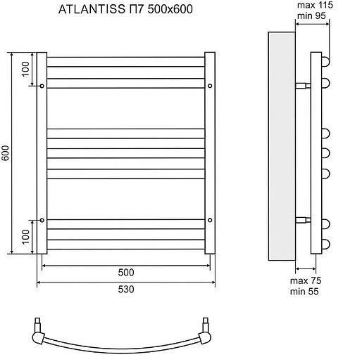 Полотенцесушитель электрический лесенка Lemark Atlantiss П7 600х500 черный матовый LM32607REBL