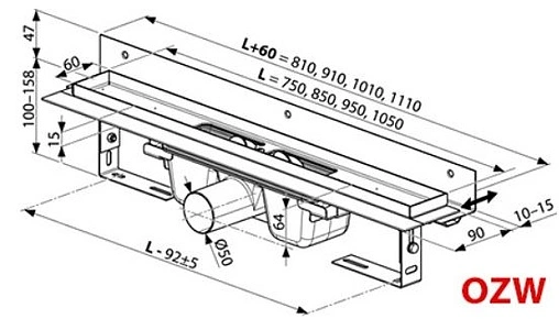 Лоток душевой Set пристенный 950мм h=85мм 0.6л/сек Ravak 10° X01632