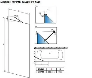 Шторка на ванну 800мм прозрачное стекло Radaway Modo PNJ Black 80 Frame 10006080-54-56, 2