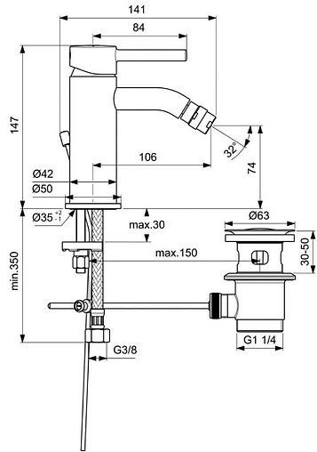 Смеситель для биде Ideal Standard Ceraline чёрный матовый BC197XG Смеситель для биде Ideal Standard Ceraline чёрный матовый BC197XG