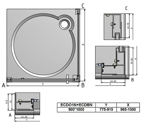 Душевое ограждение 900x1000мм прозрачное стекло Roltechnik Exclusive Line ECDO1N+ECDBN/900*1000 562-9000000-00-02+563-1000000-00-02