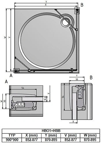 Душевое ограждение 900x900мм прозрачное стекло Roltechnik Hitech Line HBO1+HBB/900*900 284-9000000-06-02+286-9000000-06-02