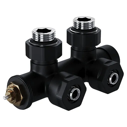 Узел нижнего подключения радиатора терморегулирующий угловой правый 15x1.0 x ¾"ек (½"н) Royal Thermo Design Pro черный RANPU11215BL