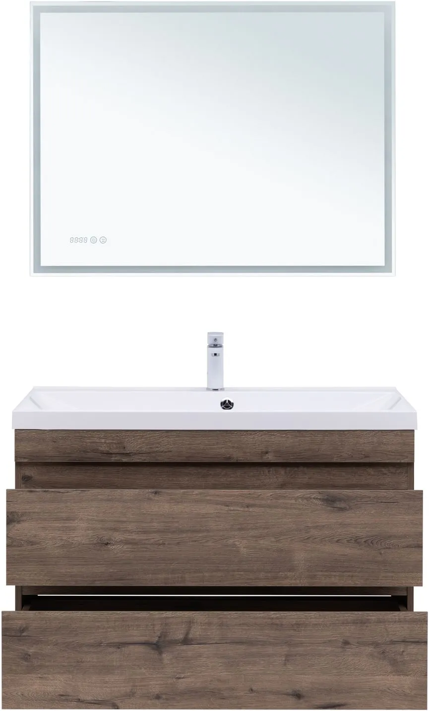 Тумба-умывальник подвесная Aquanet Нота New 100 дуб веллингтон/табак 00334194+00284116