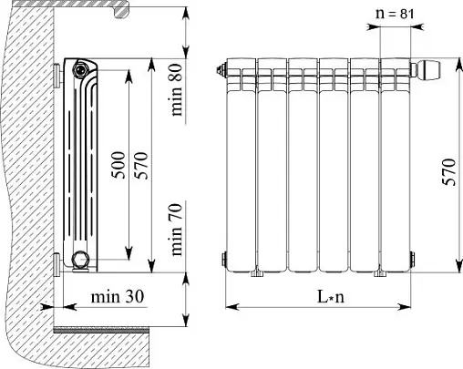 Радиатор биметаллический 10 секций нижнее правое подключение Rifar Alp Ventil 500 RAVR50010