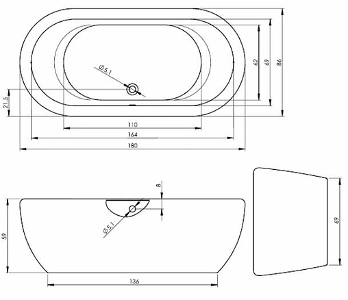 Ванна акриловая отдельностоящая Riho DUA 180x86 белый/панель черный BD0166500000000