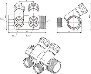 Коллектор регулирующий проходной 2 отвода 1"в/н x ½"к Valtec VTc.560.N.0602 Коллектор регулирующий проходной 2 отвода 1"в/н x ½"к Valtec VTc.560.N.0602, 2