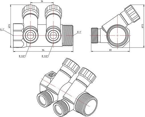 Коллектор регулирующий проходной 2 отвода 1&quot;в/н x ½&quot;к Valtec VTc.560.N.0602