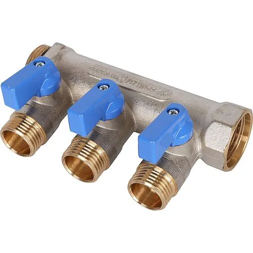 Коллектор запорный проходной 3 отвода синий ¾"в/н x ½"н Stout SMB 6211 341203