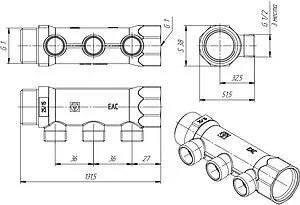 Коллектор распределительный проходной 3 отвода 1"в/н x ½"к Valtec VTc.500.N.0603 Коллектор распределительный проходной 3 отвода 1"в/н x ½"к Valtec VTc.500.N.0603, 2