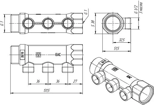 Коллектор распределительный проходной 3 отвода 1&quot;в/н x ½&quot;к Valtec VTc.500.N.0603