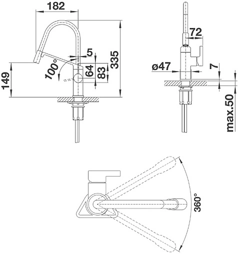 Смеситель для кухни с гибким изливом Blanco Viu-S 4 цветных съемных шланга хром/чёрный/зелёный/оранжевый/желтый 524813