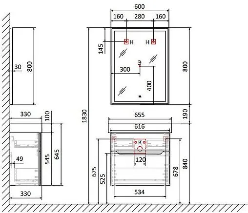 Тумба-умывальник подвесная Raval Brik 65 антрацит Brk.01.65/P/A/RL+17065-KL