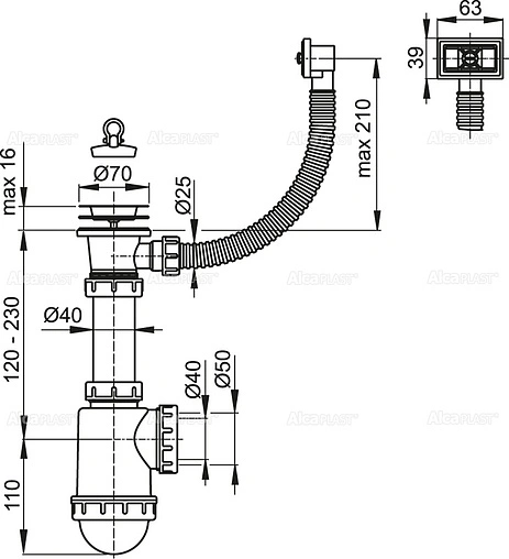 Сифон бутылочный для мойки с переливом AlcaPlast A444-DN50/40