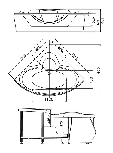 Ванна акриловая с гидромассажем Gemy 155x155 G9025 II O