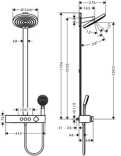 Душевая система с термостатом для душа Hansgrohe Pulsify S 260 2jet белый матовый/графит 24240700