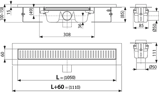 Лоток душевой 1050мм h=85мм 1.15л/сек AlcaPlast APZ1-1050