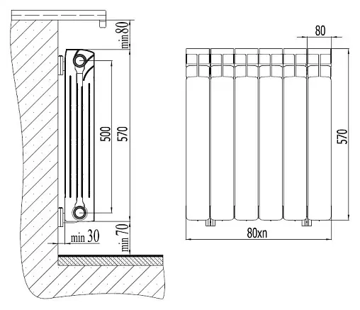 Радиатор биметаллический 4 секции нижнее правое подключение Rifar Base Ventil 500 RBVR50004