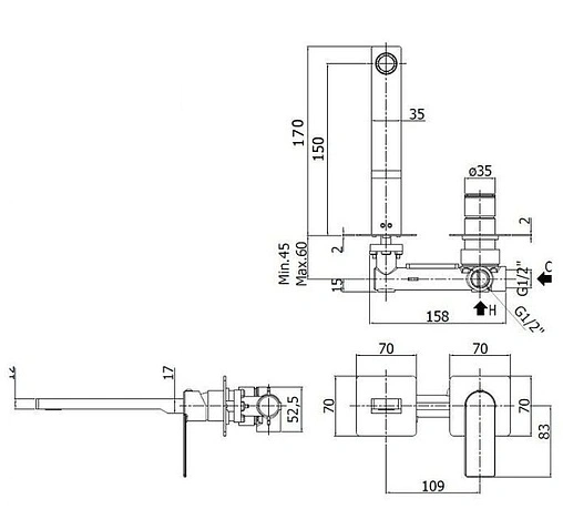 Смеситель для раковины из стены Paffoni Tango полированная сталь TA104ST70
