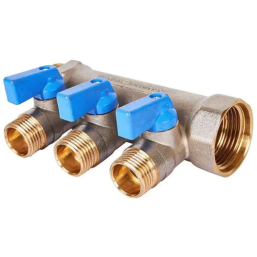 Коллектор запорный проходной 3 отвода синий 1&quot;в/н x ½&quot;н Stout SMB 6211 011203