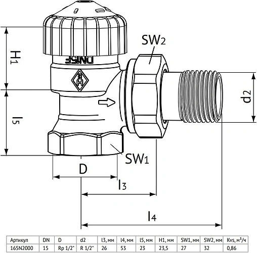 Вентиль терморегулирующий угловой ½&quot; в/н Uni-Fitt 165N2000