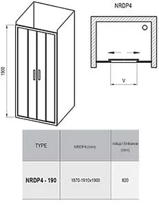 Дверь в нишу 1900мм прозрачное, матовое стекло Ravak Rapier NRDP4-190 0ONL0100ZG, 2