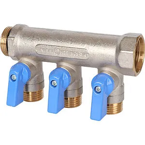 Коллектор запорный проходной 3 отвода синий ¾"в/н x ½"н Stout SMB 6211 341203 Коллектор запорный проходной 3 отвода синий ¾"в/н x ½"н Stout SMB 6211 341203, 1