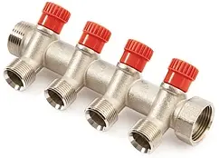 Коллектор регулирующий проходной 4 отвода красный 1"в/н x ¾"ек General Fittings 630057N1005R4H