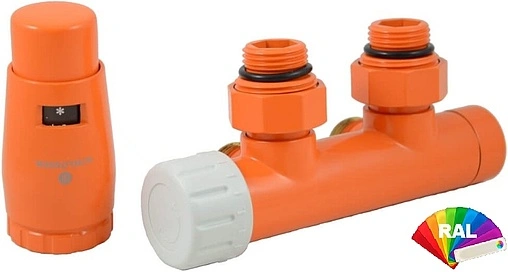 Узел нижнего подключения радиатора терморегулирующий угловой левый М22x1.5 x ¾"ек (½"н) Schlosser Duo-Plex инд.заказ по RAL 602100056.Ral