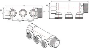 Коллектор распределительный проходной 3 отвода 1&quot;в/н x ½&quot;в Valtec VTc.550.N.0603, 2