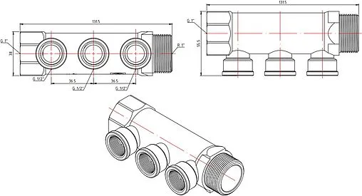 Коллектор распределительный проходной 3 отвода 1&quot;в/н x ½&quot;в Valtec VTc.550.N.0603