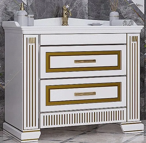 Тумба под умывальник напольная Opadiris Оникс 100 белый глянц/с золотой патиной 00-00003548