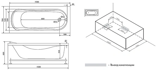 Ванна акриловая Damixa Origin Evo 150x70 82A-150-070W-A