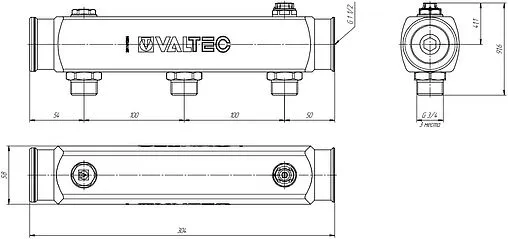 Коллектор распределительный проходной 3 отвода 1½&quot;в/в x ¾&quot;н Valtec VTc.510.SS.080503