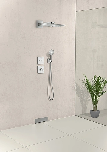 Лейка верхнего душа с настенным креплением Hansgrohe Rainmaker Select 460 2jet черное стекло/хром 24005600