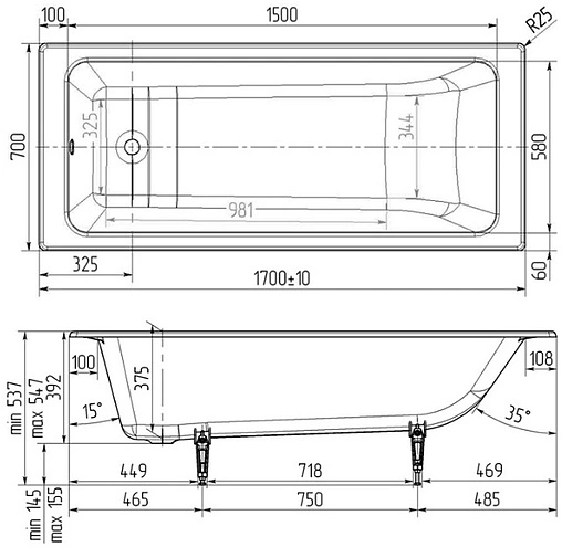 Ванна чугунная Wotte Line 1700x700