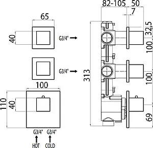 Термостат для 2 потребителей Bossini Cube хром Z032203.030, 2