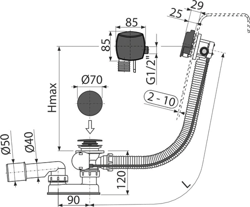 Слив-перелив для ванны с функцией налива AlcaPlast чёрный матовый A564BLACK-80