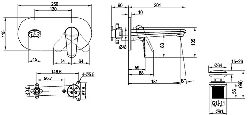 Смеситель для раковины из стены Villeroy&amp;Boch O.novo Start хром TVW10511211061