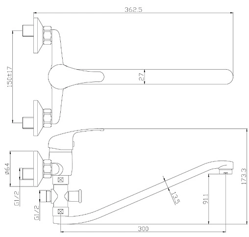 Смеситель для ванны с длинным изливом Rossinka хром Y35-35