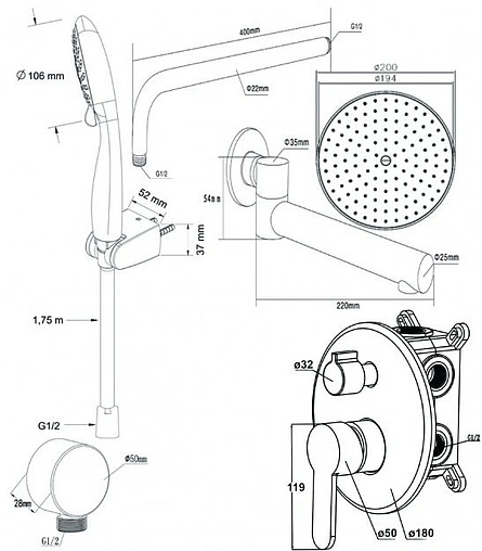Душевая система со смесителем для ванны Swedbe Platta хром 5544
